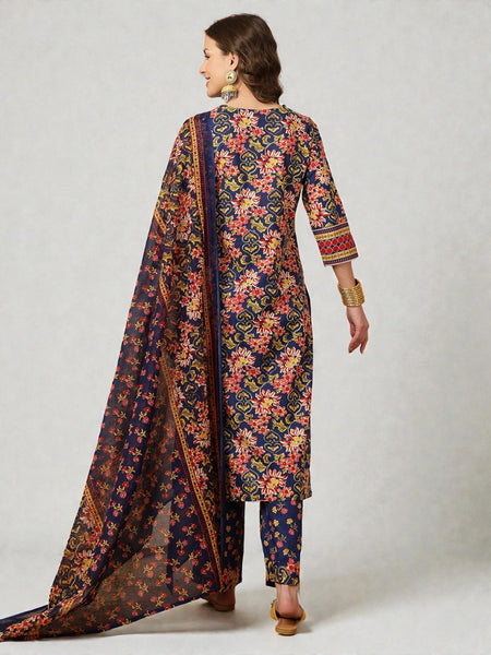 Miramaar Women's Navy Blue Printed V-Neck Straight Embroidered Kurta Pant with Dupatta