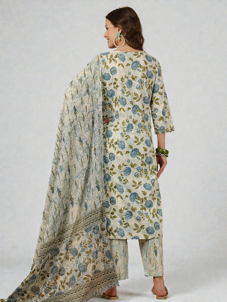 Miramaar Women's Green Block Print Straight Kurta Pant with Dupatta