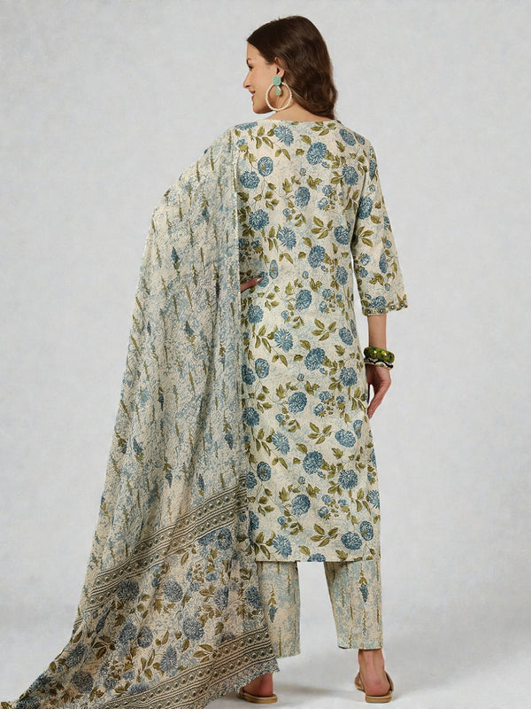 Miramaar Women's Green Block Print Straight Kurta Pant with Dupatta