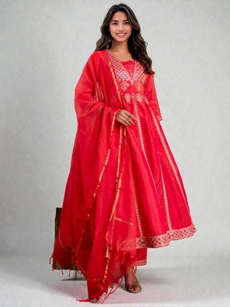 Miramaar Women's Roman Shimmer Embroidered Red Kurta Pant with Dupatta