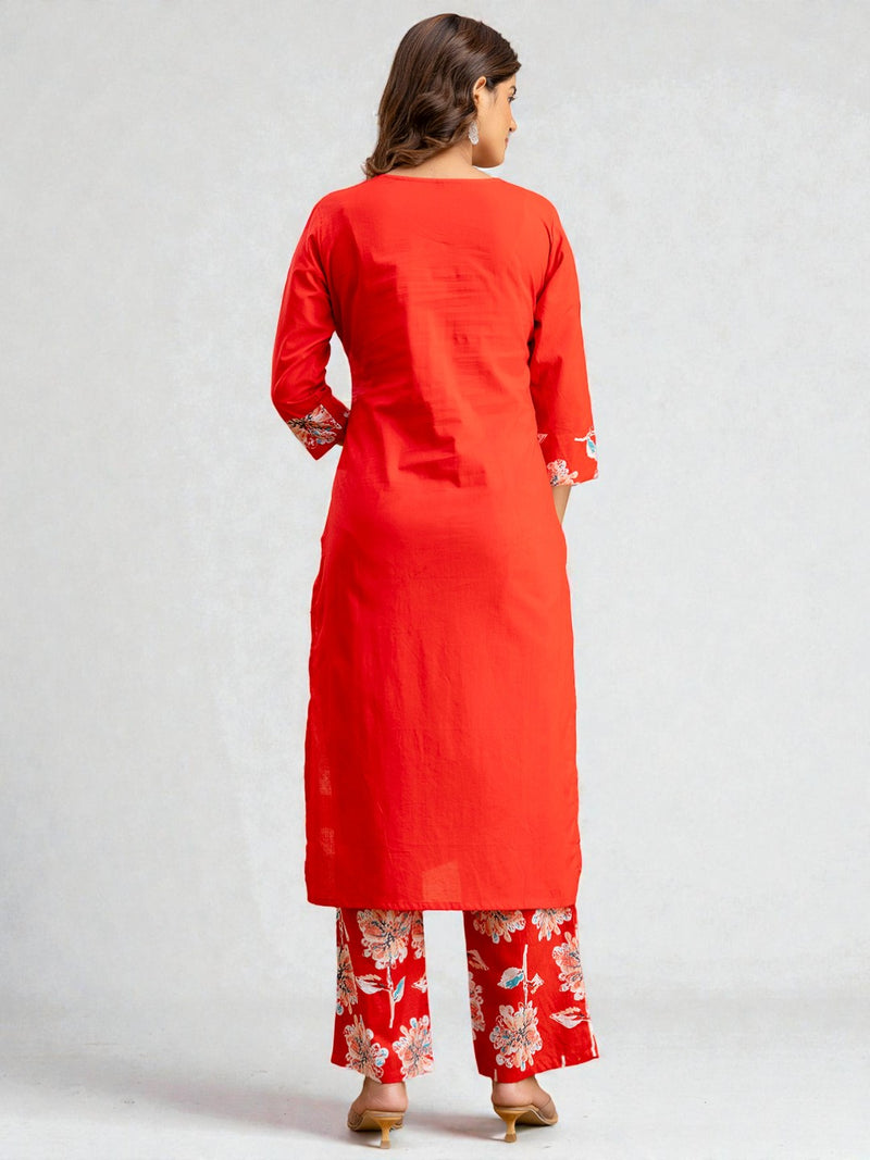 Miramaar Women's Red Cotton Straight Adda Work Kurta Set with Dupatta