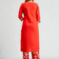 Miramaar Women's Red Cotton Straight Adda Work Kurta Set with Dupatta
