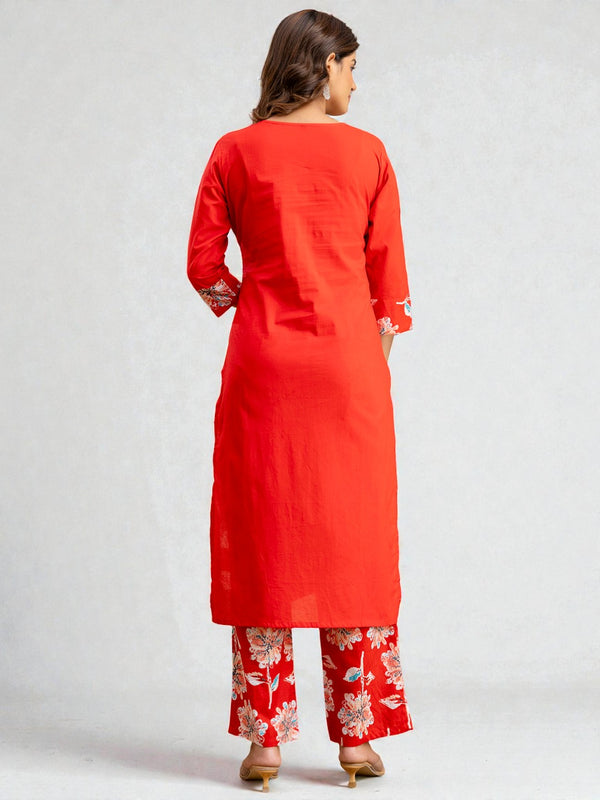 Miramaar Women's Red Cotton Straight Adda Work Kurta Set with Dupatta