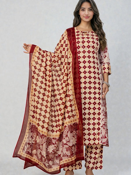 Miramaar Women's Maroon Straight Round Neck Printed Kurta Pant with Dupatta