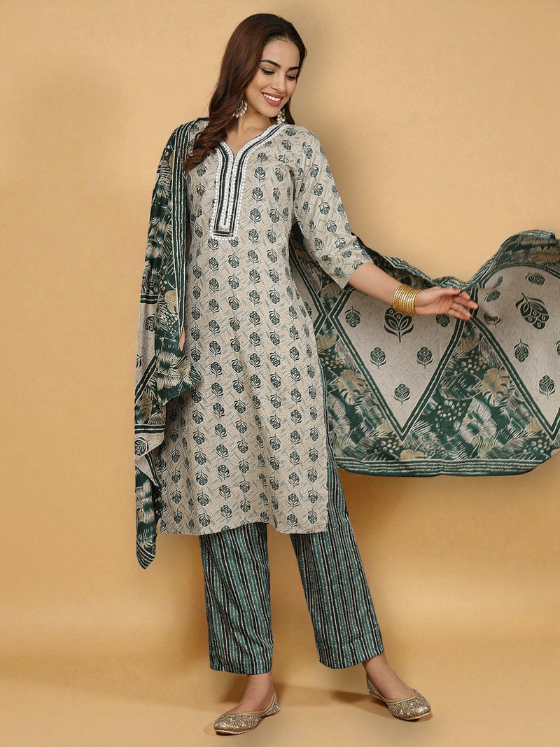 Miramaar Women's Off-White & Green Rayon Straight Kurta Set with Dupatta & Lace Work