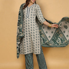 Miramaar Women's Off-White & Green Rayon Straight Kurta Set with Dupatta & Lace Work