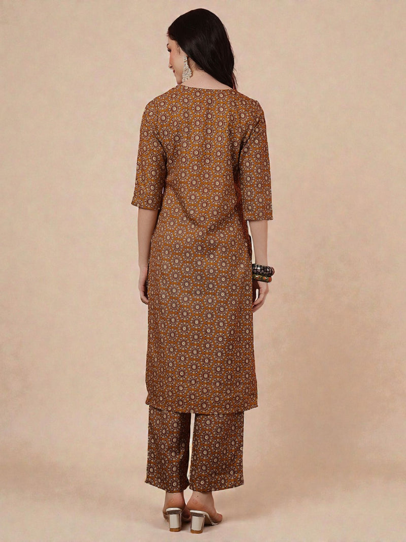 Miramaar Women's Brown Printed Poly Cotton Straight Kurta Set