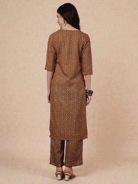 Miramaar Women's Brown Printed Poly Cotton Straight Kurta Set