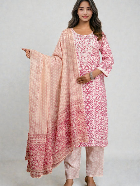 Miramaar Women's Pink Cotton Straight Embroidered Printed Kurta Pant with Dupatta