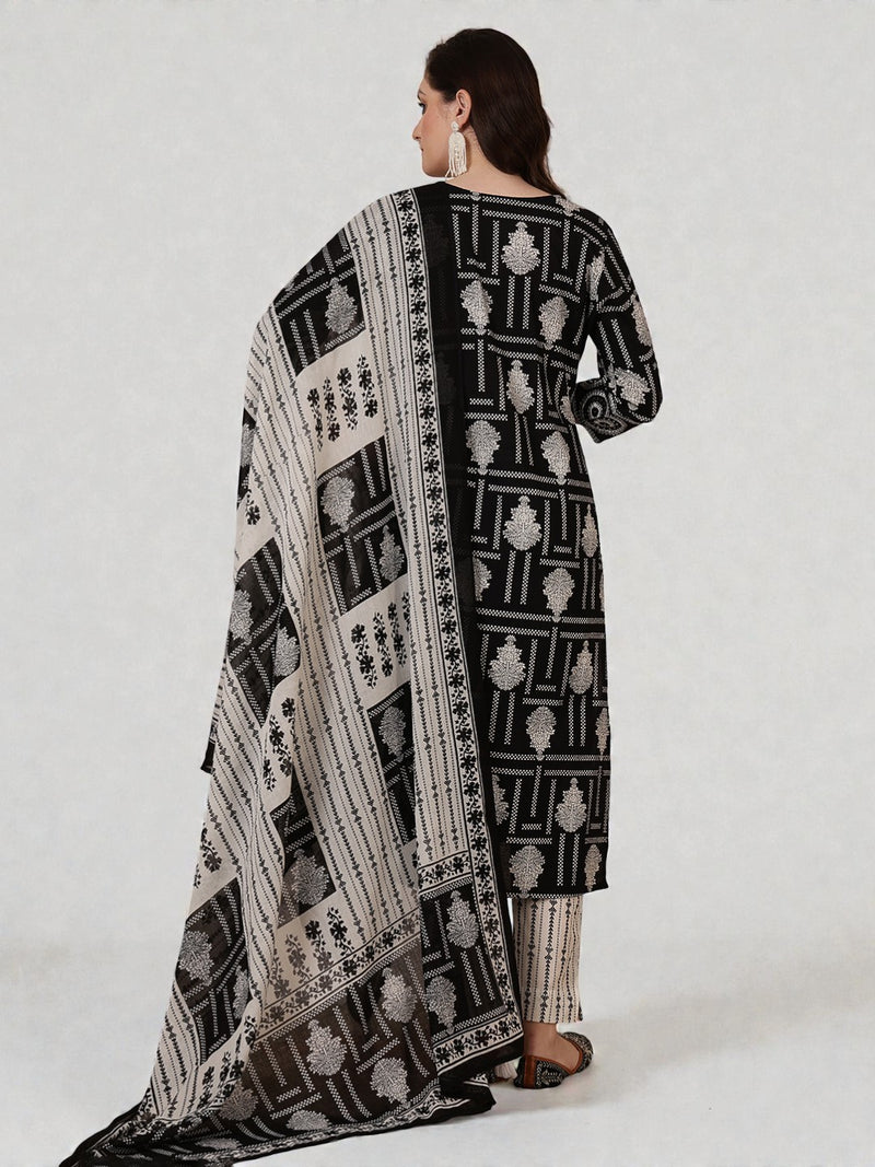 Miramaar Women's Black Printed Cotton Embroidered Straight Kurta Pant with Dupatta