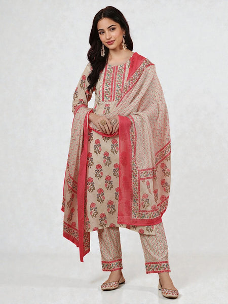 Miramaar Women's Off White & Pink Cotton Straight Kurta Set with Dupatta