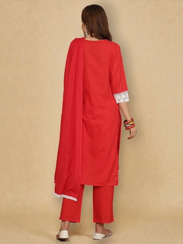 Miramaar Women's Red Cotton Straight V-Neck Kurta Set with Dupatta