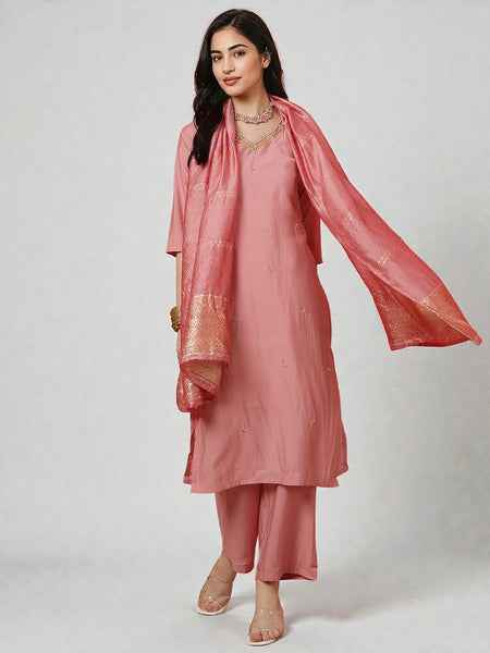 Miramaar Women's Pink Roman Silk Adda Work Straight Kurta Dupatta Set