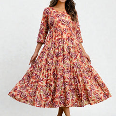 Miramaar Women's Red Mulmul Round Neck Fit and Flare Dress