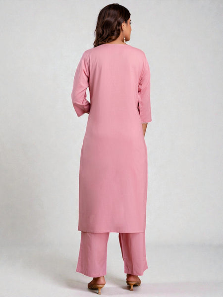 Miramaar Women's Cotton Pink Straight Embroidered Kurta Pant with Dupatta