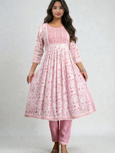 Miramaar Women's Pink Rayon A-line Sequin Work Kurta Pant Set