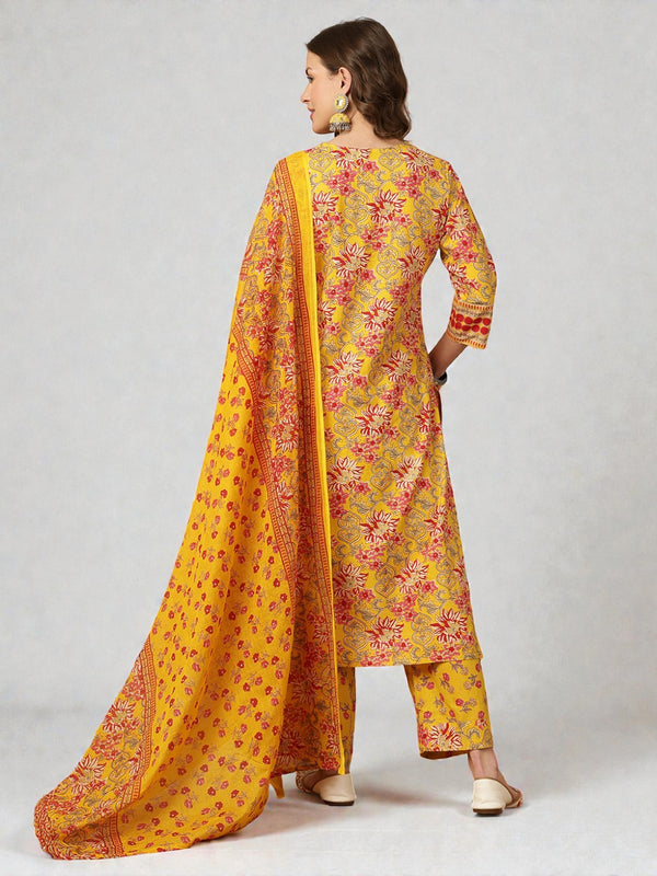 Miramaar Women's Mustard Cotton V-Neck Embroidered Kurta Pant with Dupatta