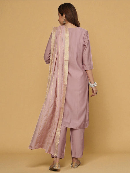 Miramaar Women's Purple Roman Silk Straight Kurta Set with Dupatta