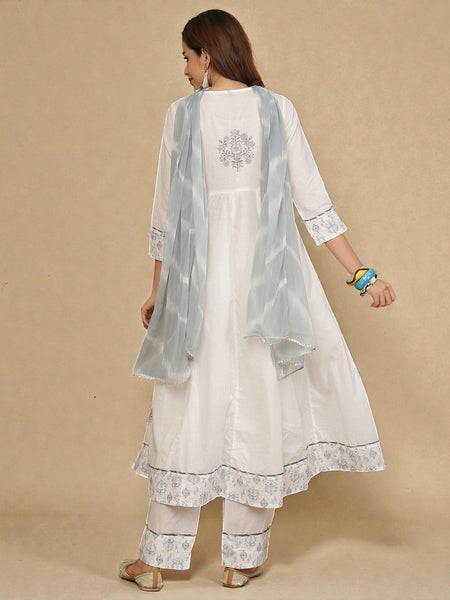Miramaar Women's White Cotton Schiffli Anarkali Kurta Set with Dupatta