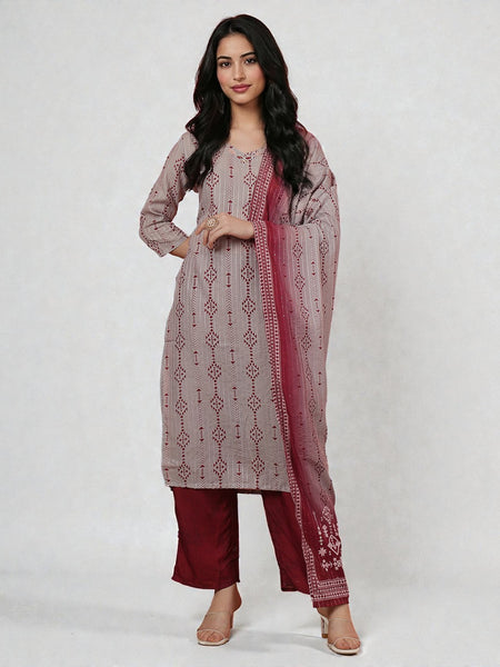 Miramaar Women's Grey & Maroon Muslin Adda Work Kurta Set with Dupatta