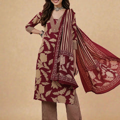 Miramaar Women's Purple Cotton V-Neck Adda Work Straight Kurta Dupatta Set