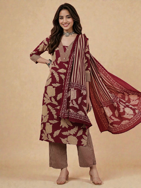 Miramaar Women's Purple Cotton V-Neck Adda Work Straight Kurta Dupatta Set