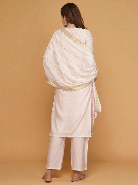 Miramaar Women's Pink Roman Silk Straight Kurta Set with Dupatta