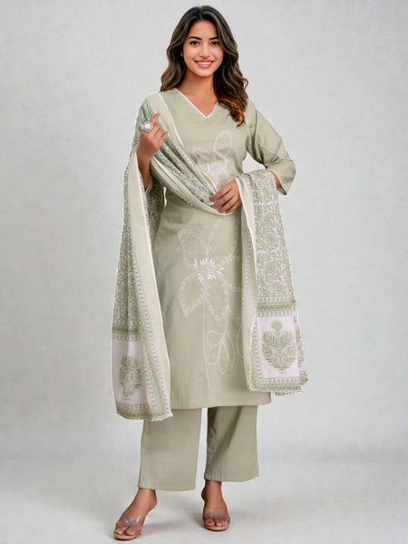 Miramaar Women's Cotton Light Green Straight Embroidered Kurta Pant with Dupatta