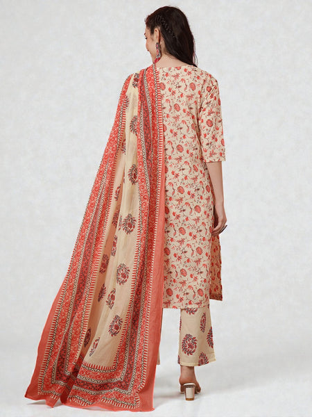 Miramaar Women's Yellow Printed Cotton Straight Adda Work Kurta Dupatta Set