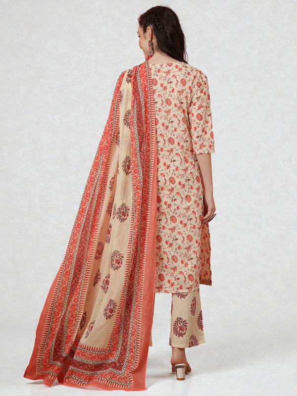 Miramaar Women's Yellow Printed Cotton Straight Adda Work Kurta Dupatta Set