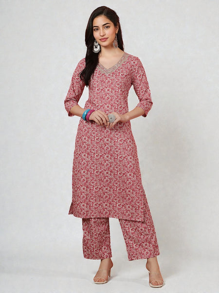 Miramaar Women's Pink Printed Straight V-Neck Kurta Set