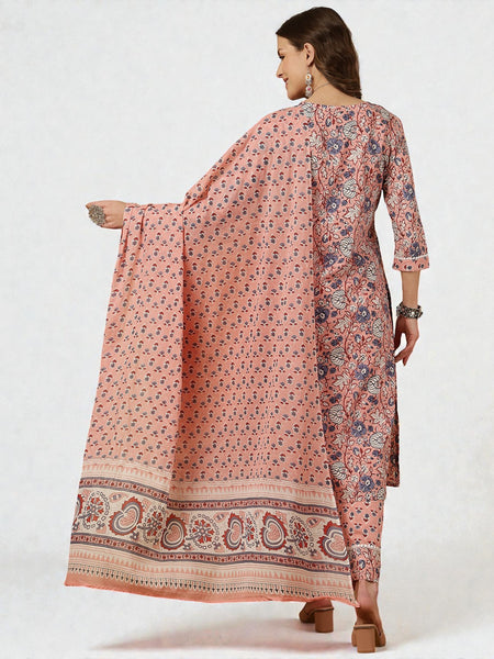 Miramaar Women's Peach Block Print V-Neck Straight Kurta Pant with Dupatta