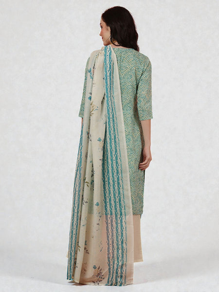 Miramaar Women's Green Straight Cotton Schiffli Kurta Dupatta Set