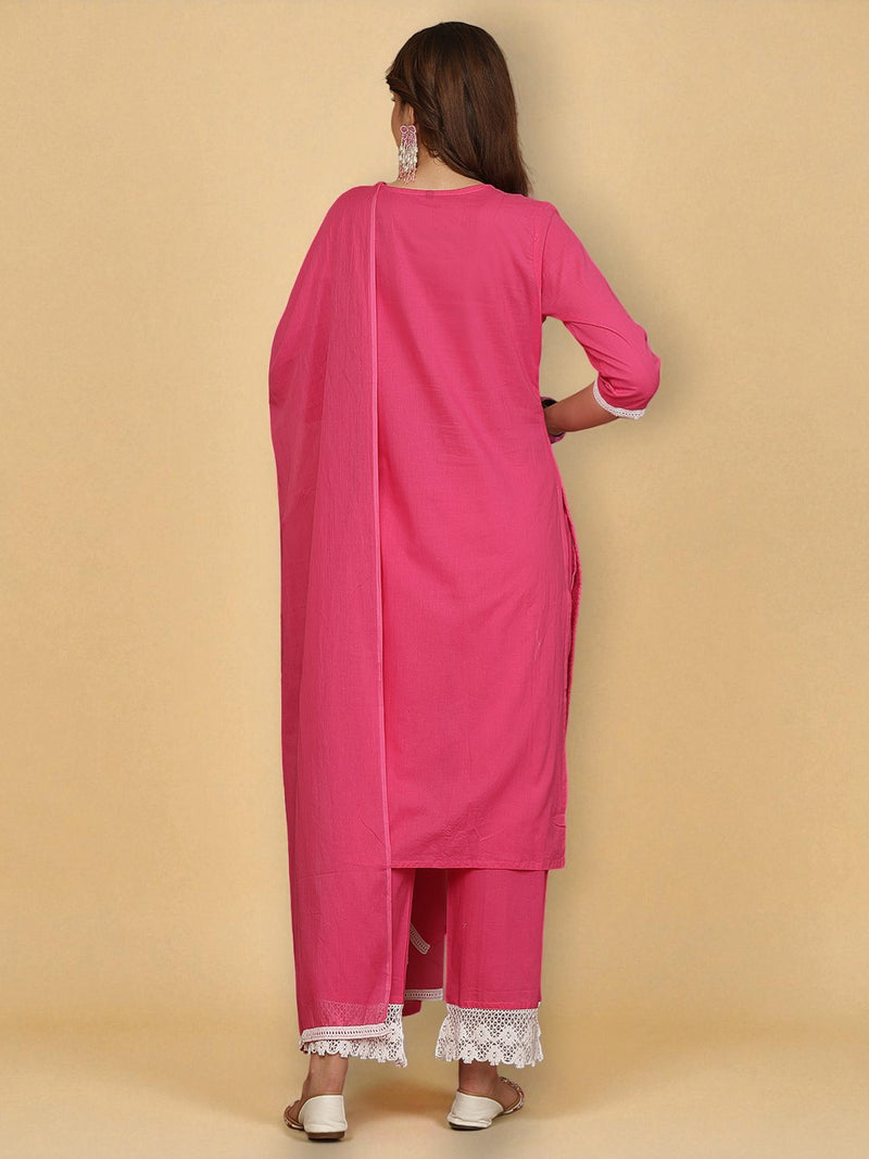 Miramaar Women's Pink Cotton Schiffli Lace Work Kurta Set with Dupatta
