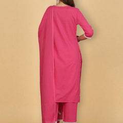 Miramaar Women's Pink Cotton Schiffli Lace Work Kurta Set with Dupatta