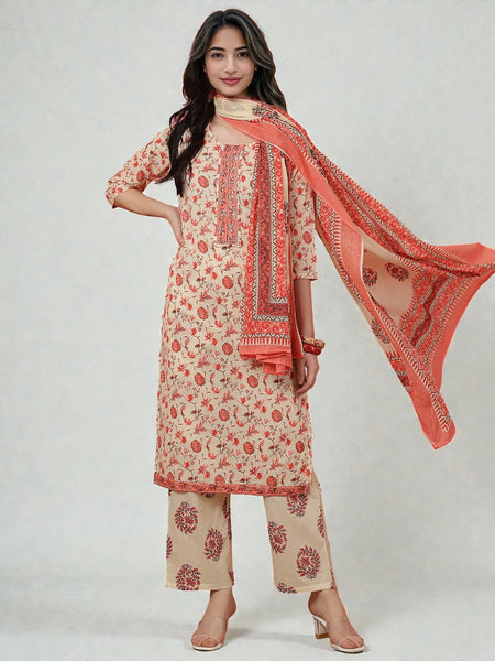 Miramaar Women's Yellow Printed Cotton Straight Adda Work Kurta Dupatta Set