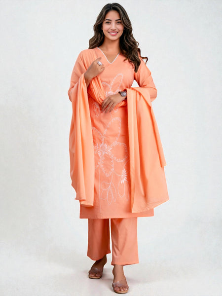 Miramaar Women's Cotton Peach Straight Embroidered Kurta Pant with Dupatta