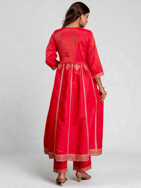 Miramaar Women's Roman Shimmer Embroidered Red Kurta Pant with Dupatta