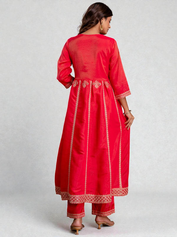 Miramaar Women's Roman Shimmer Embroidered Red Kurta Pant with Dupatta