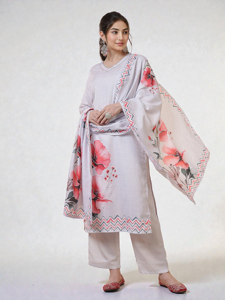 Miramaar Women's Grey V-neck Digital Print Straight Kurta Pant with Dupatta