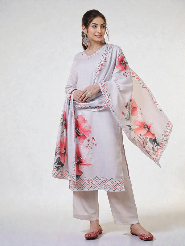 Miramaar Women's Grey V-neck Digital Print Straight Kurta Pant with Dupatta