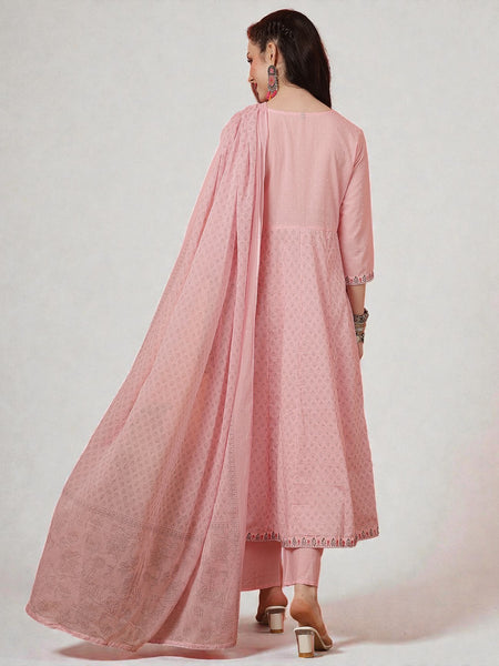 Miramaar Women's Pink Anarkali Embroidered Kurta Dupatta Set