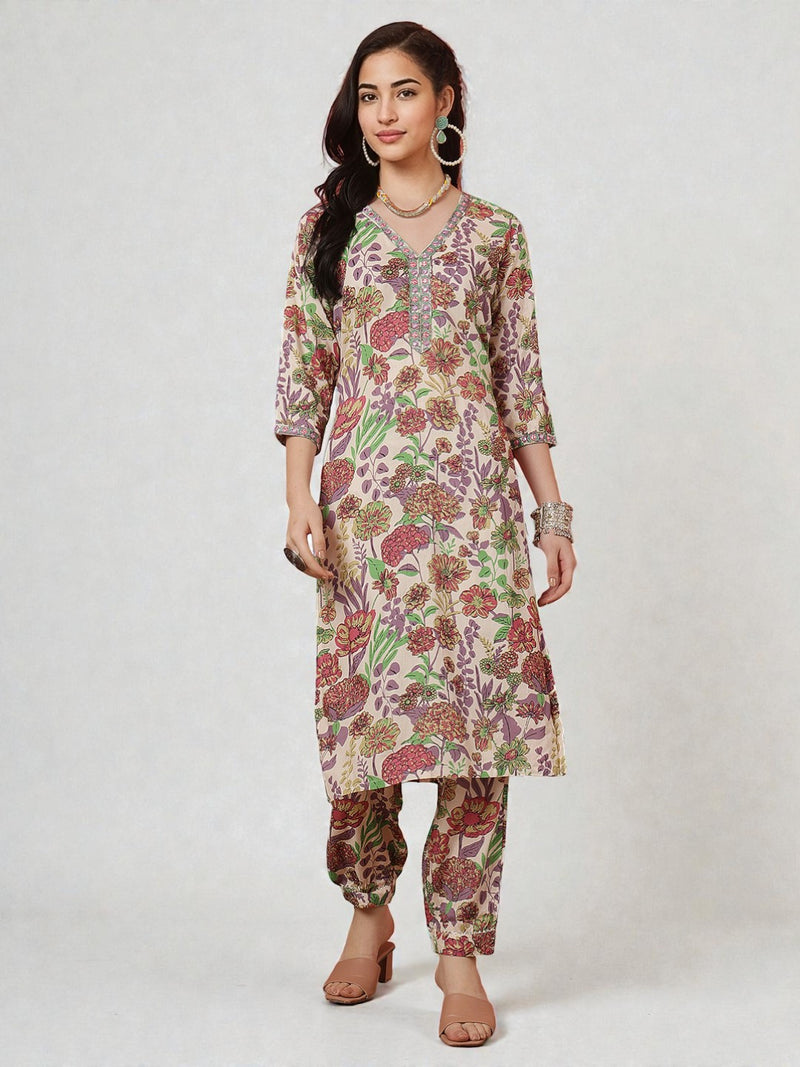 Miramaar Women's Beige Printed Viscose Rayon Kurta Set