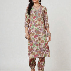 Miramaar Women's Beige Printed Viscose Rayon Kurta Set
