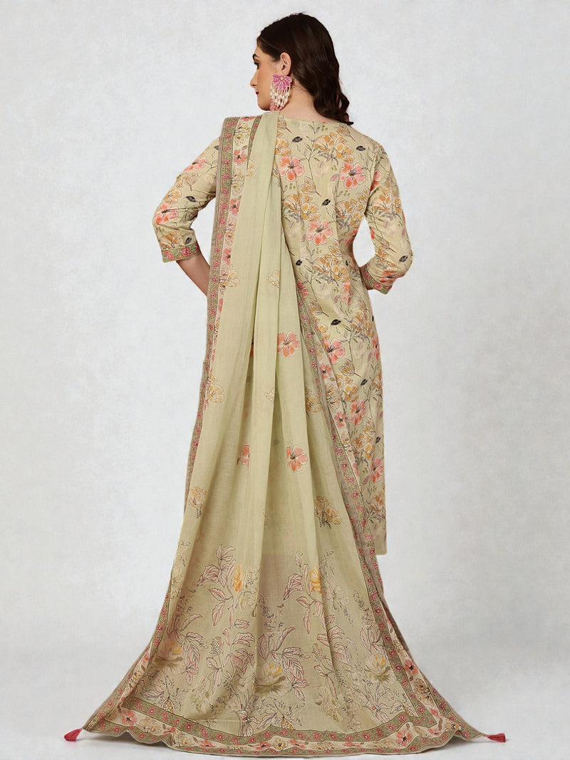 Miramaar Women's Beige Hand Work Cotton V-Neck Kurta Pant with Dupatta