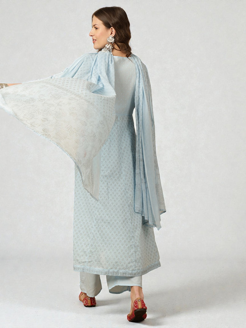 Miramaar Women's Sky Blue Cotton Anarkali Embroidered Kurta pant with Dupatta