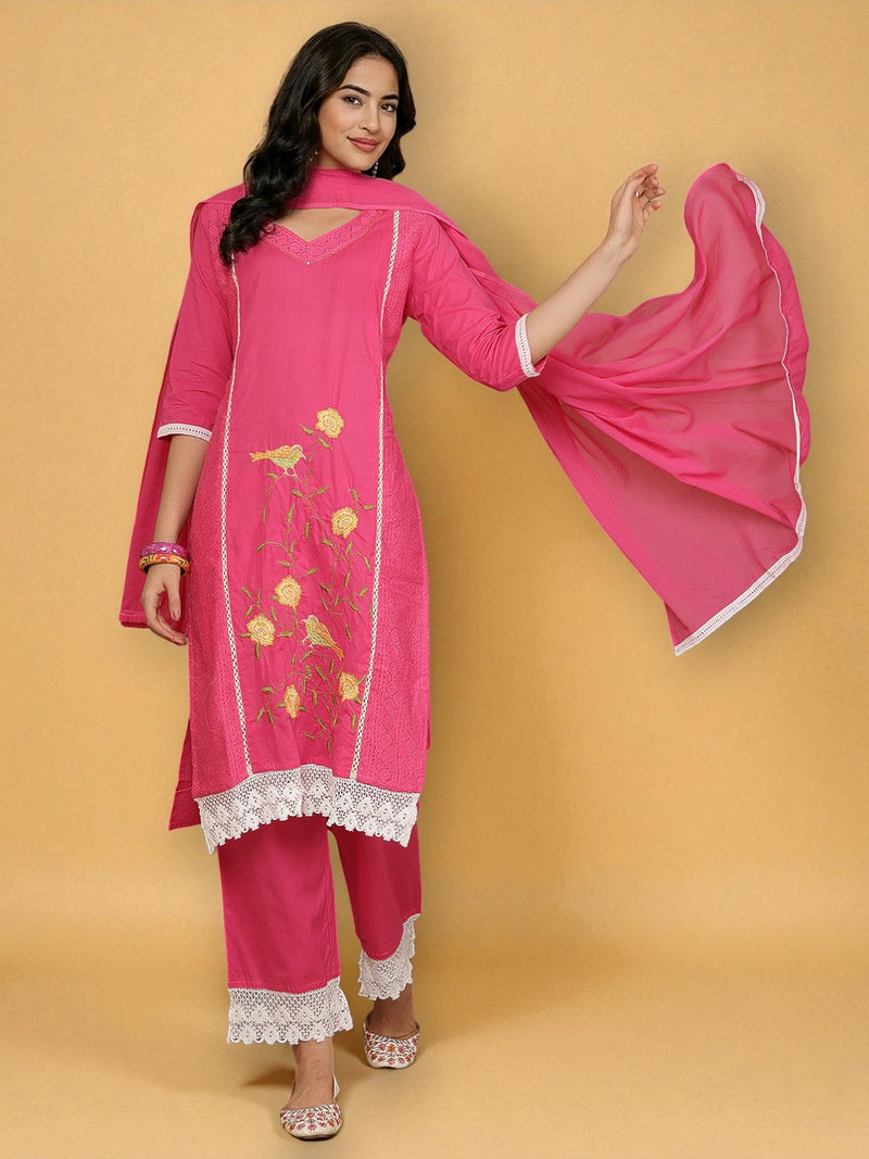 Miramaar Women's Pink Cotton Schiffli Lace Work Kurta Set with Dupatta