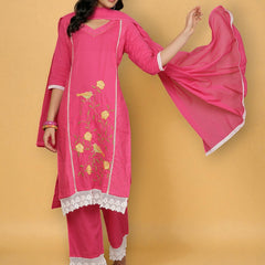 Miramaar Women's Pink Cotton Schiffli Lace Work Kurta Set with Dupatta