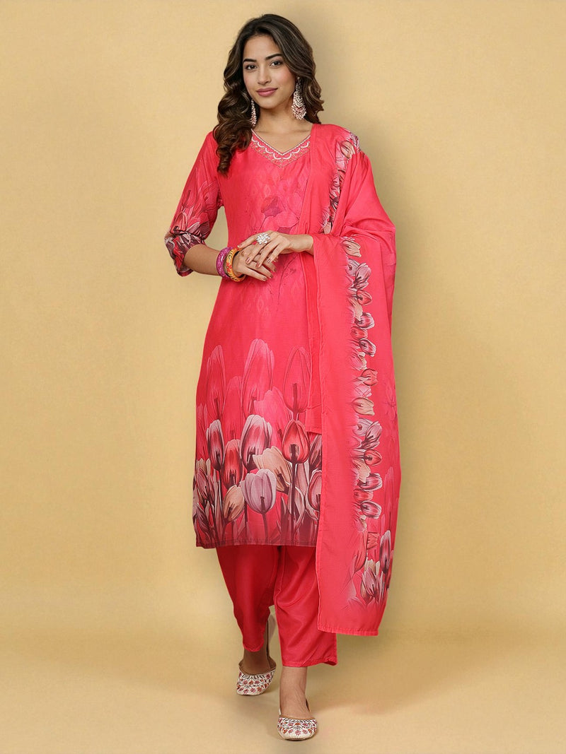 Miramaar Women's Coral Red Muslin Digital Print Kurta Set with Dupatta