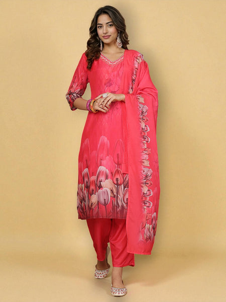 Miramaar Women's Coral Red Muslin Digital Print Kurta Set with Dupatta